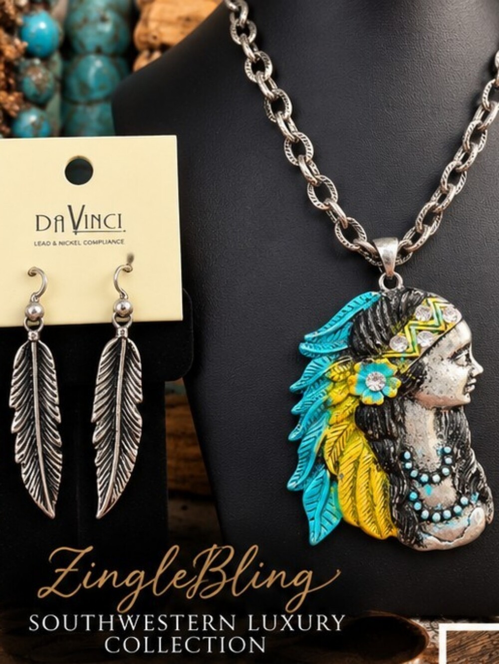 DaVinci NWT Southwestern Maiden Statement Necklace Feather Earrings Set